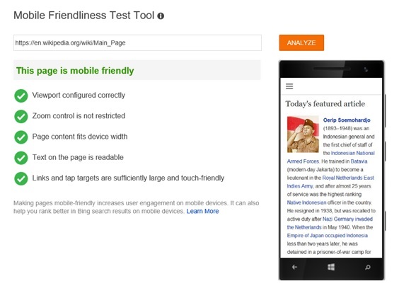 Image of an example of a mobile-friendly page verdict